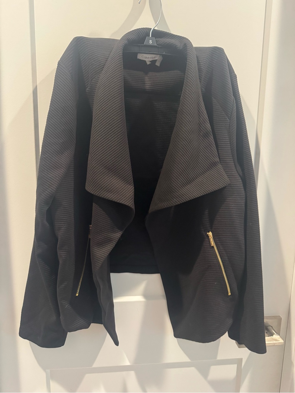 Calvin Klein Black Open-Front Draped Blazer with Gold Zips